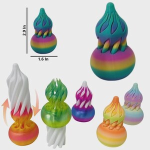 May include: A collection of multi-coloured, spiralled, gourd-shaped objects with textured surfaces. One object is labelled with dimensions of 2.9 inches in height and 1.6 inches in width. The items feature various colour gradients including rainbow, white, pink, green, and orange.