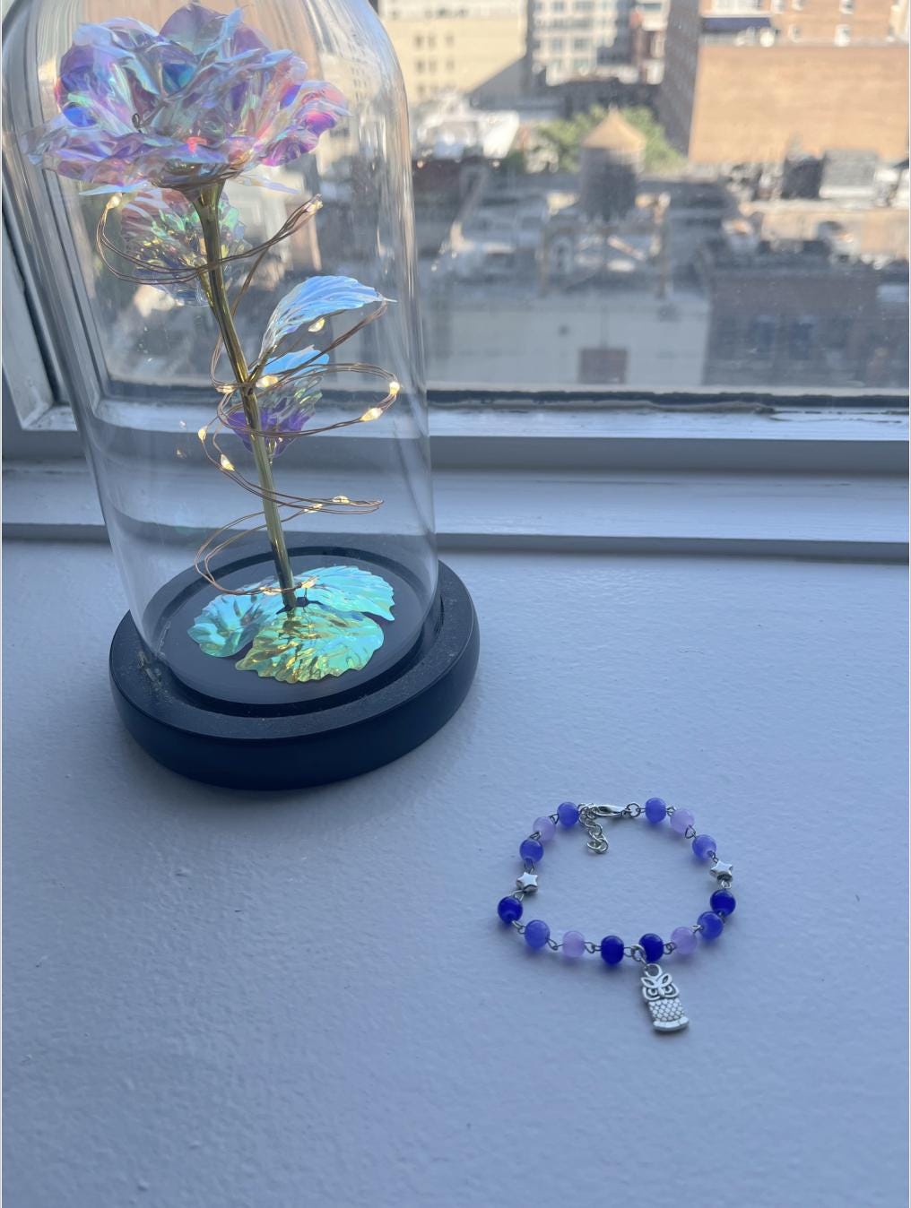 Silver Beaded Wire Bracelet with Owl Charm, Blue and Purple