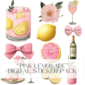 Digitale Aufkleber, Pink Lemonade Citrus Aquarell Aufkleber, Frische Sommer-Sticker für Planer & Journals