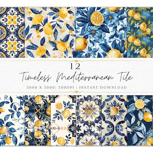 May include: A collection of 12 digital tile designs with a Mediterranean theme. The designs feature lemons, blue flowers, and intricate patterns in shades of yellow and blue. The text "Timeless Mediterranean Tile" is displayed.