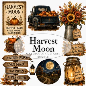Pakiet naklejek cyfrowych Harvest Moon | Jesienne grafiki wektorowe | do GoodNotes, Notion i osobistych planerów