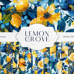 May include: Digital paper set featuring watercolor illustrations of lemons, flowers, and foliage in shades of yellow, blue, and green. The text "Lemon Grove" is displayed on a white label. Includes 20 digital papers.