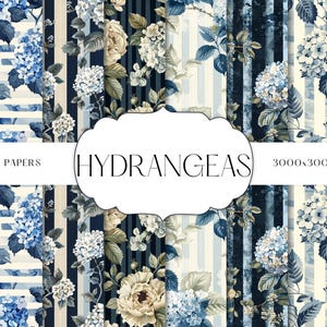 May include: Digital papers featuring floral designs with hydrangeas in shades of blue, cream, and green. The image includes striped and floral patterns, with the text "HYDRANGEAS" and "8 DIGITAL PAPERS". The resolution is 3000x3000px at 300 DPI.
