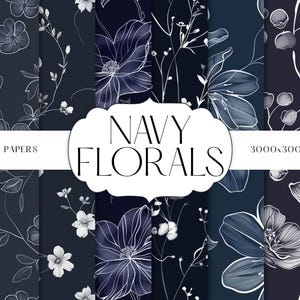 Navy Blue Floral Digital Paper Pack |Seamless Line Art Patterns for Designers