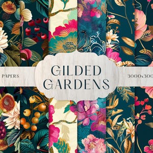 Peut inclure: Papiers numériques avec des motifs floraux en teal, rose et or. L'image comprend le texte "GILDED GARDENS" et "8 DIGITAL PAPERS". Les papiers ont une résolution de 3000x3000px à 300 DPI.