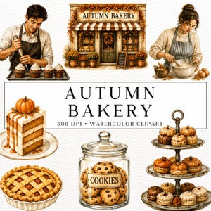 Könnte beinhalten: Eine Sammlung von Aquarell-Cliparts mit einer Bäckerei-Fassade, einem Bäcker beim Verzieren von Cupcakes, einem Bäcker beim Teigrühren, einem Kürbiskuchen, einem Gitterkuchen, einem Keksglas mit der Aufschrift COOKIES und einer Etagere mit Gebäck.