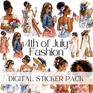 Pacchetto di adesivi digitali a tema moda per il 4 luglio / Clipart patriottiche / Per Goodnotes, Notion e agende personali