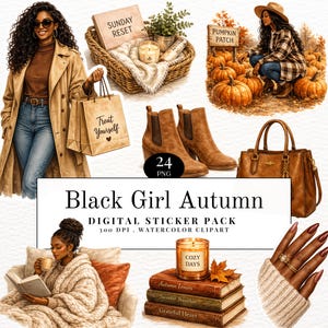 May include: A digital sticker pack featuring watercolor illustrations of autumn themes including a person in a trench coat, a wicker basket with a candle and book, a pumpkin patch scene, brown ankle boots, a handbag, and a stack of books.