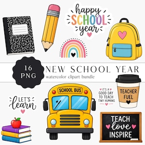 May include: A digital clipart collection featuring school-themed illustrations including a black and white composition notebook, a yellow pencil, a yellow backpack, a school bus, a stack of books with an apple, and a chalkboard with the text TEACH love INSPIRE.