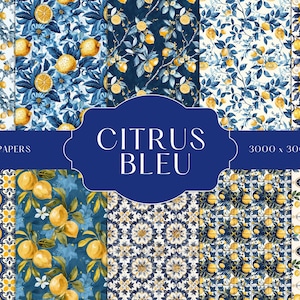 Paquete de patrones de azulejos de limón azul / Papel digital sin costuras de cítricos mediterráneos (descarga instantánea)