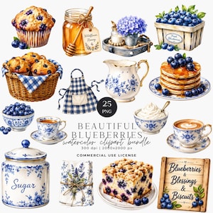 Pack numérique d'autocollants GoodNotes « Petit-déjeuner aux myrtilles », clipart Cottagecore pour agendas