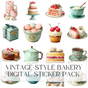 Puede incluir: Una colección de ilustraciones en acuarela que muestran pasteles, repostería, tazas de té y cuencos, con el texto VINTAGE-STYLE BAKERY DIGITAL STICKER PACK. Las imágenes incluyen pasteles de fresa, cupcakes, macarons y vajilla de cerámica floral.