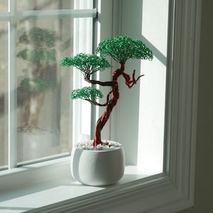 Green and Brown Handmade Wire Bonsai Tree Sculpture of Aluminum Wire