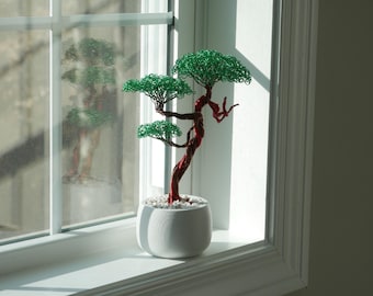 Green and Brown Handmade Wire Bonsai Tree Sculpture of Aluminum Wire