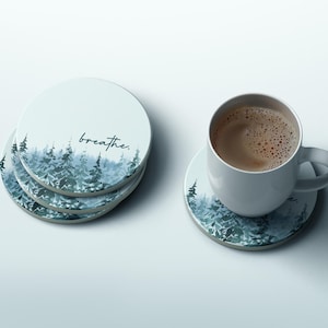 Breathe Coaster Set, Green Tree Bar Decor, Sandstone Coasters for Nature Lovers & Faith Gifts, Eco-Friendly Home Accessory
