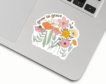 Grow in Grace Vinyl Sticker: Retro Floral Die Cut, Positive Affirmations