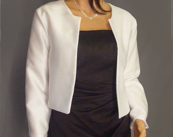 Satin bolero jacket with long sleeve hip length wedding shrug coat cover up SBA130 AVAILABLE in white and 5 other colors. small - plus size
