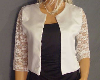 Hip length satin bolero jacket with 3/4 lace sleeves wedding shrug SBA133 AVAILABLE in white SIZE SMALL