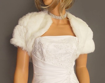 Faux fur bolero shrug jacket short sleeve in Mink bridal wedding stole coat wrap, cover up fur shrug FBA100 AVL in white & 3 other colors