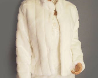 Faux fur coat bridal bolero wedding shrug in Mink evening cover up long sleeve, hip length fur jacket wrap FBA105 AVL in Ivory & 3 other