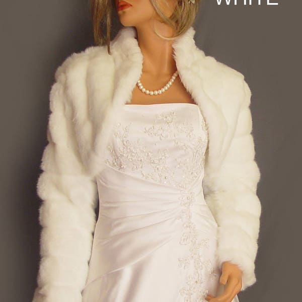 Faux fur bolero jacket in Mink with long sleeves and collar bridal coat, wedding shrug stole wrap FBA103 AVL in white and two other colors