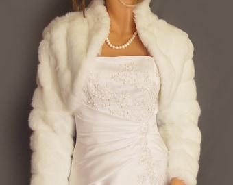 Faux fur bolero jacket in Mink with long sleeves and collar bridal coat, wedding shrug stole wrap FBA103 AVL in white and two other colors