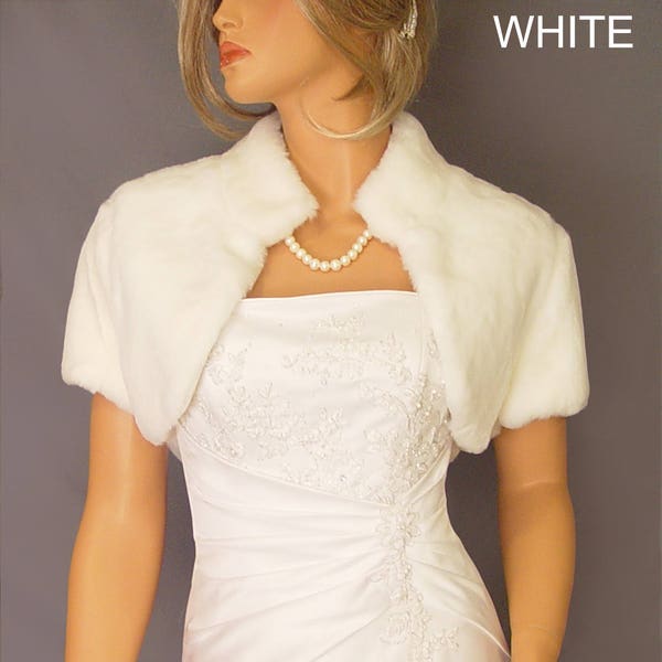 Faux fur beaver bolero jacket short sleeve with collar bridal shrug wedding stole coat wrap FBA302 AVAILABLE in white and 4 other colors