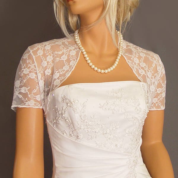 Lace bolero jacket shrug bridal wedding short sleeve wrap cover up LBA300 AVAILABLE IN white and 6 other COLORS small through plus size!