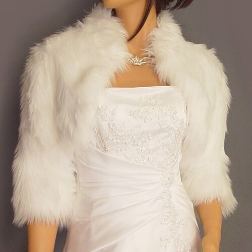 Faux Fur Bolero Shrug Jacket 3/4 Sleeve/ Collar Wedding Wrap in Angora Bridal Coat Stole Cover Up FBA202 AVL in White and 3 Other Colors