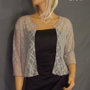 Lace bolero jacket shrug Hip length 3/4 sleeve wedding bridal wrap LBA312 AVAILABLE in gray and 4 other colors small through plus size