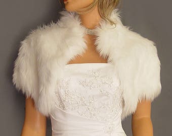 Faux fur bolero shrug jacket short sleeve/ collar wedding wrap in Angora bridal coat stole cover up FBA201 AVL in white and 2 other colors