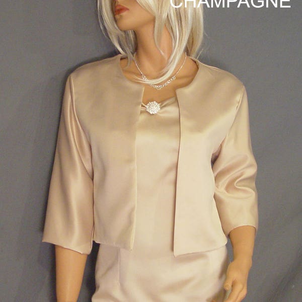 Satin jacket with 3/4 sleeves hip length bolero wedding shrug coat cover up blouse wrap SBA129 AVAILABLE in champagne and 5 other colors