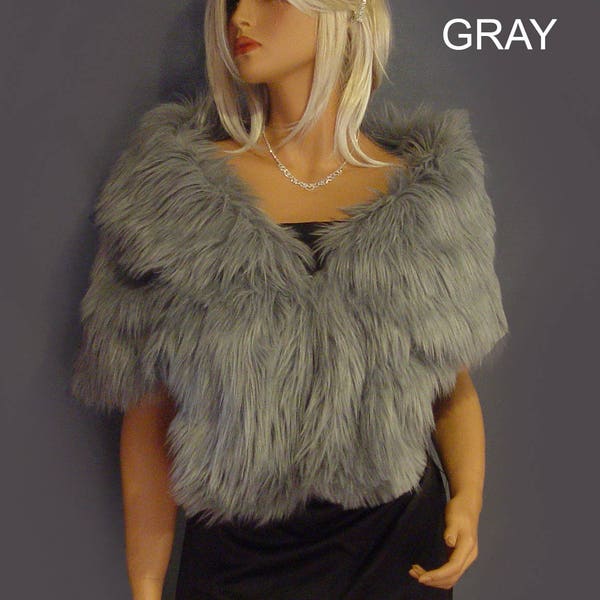 Faux fur shrug wedding wrap in Angora bridal stole vintage bridesmaid cover up evening fur coat SPA111 AVL in silver gray