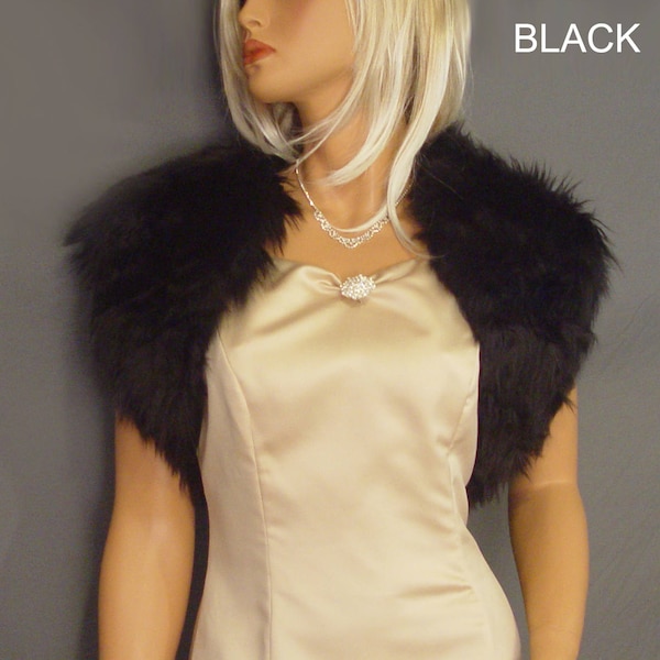 Faux fur bolero shrug jacket wedding wrap in Angora bridal coat stole bridesmaid cover up FBA203 AVL in jet black and 2 other colors S-XXL