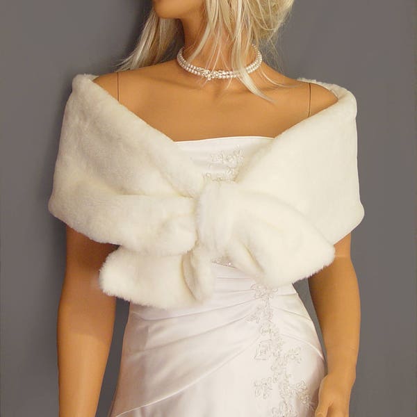 Faux Fur wrap stole pull thru shrug In Beaver bridal shawl wedding capelet bridesmaid cover up FW300 AVL in white and 4 other colors