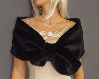 Faux Fur wrap stole pull thru shrug In Beaver bridal shawl prom capelet evening ball cover up FW300 AVL in black and 4 other colors