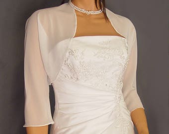 Chiffon bolero jacket 3/4 sleeve shrug wedding wrap bridal cover up CBA201 AVAILABLE IN white and 11 other colors. Small - Plus size!