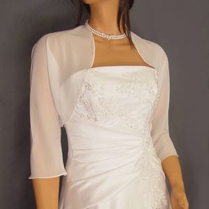 Chiffon bolero jacket 3/4 sleeve shrug wedding wrap bridal cover up CBA201 AVAILABLE IN white and 11 other colors. Small Plus size image 1
