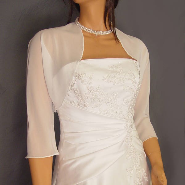 Chiffon bolero jacket 3/4 sleeve shrug wedding wrap bridal cover up CBA201 AVAILABLE IN white and 11 other colors. Small - Plus size!