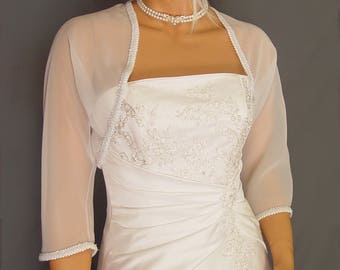 Chiffon bolero jacket 3/4 sleeve trimmed shrug wedding wrap bridal cover up CBA204 AVL IN white and 4 other colors. Small - Plus size!
