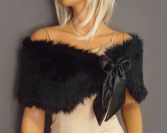 Faux fur stole shrug wedding wrap shawl evening coat bridesmaid cover up/ satin tie closure in Angora FW201 AVL in black and 2 other colors