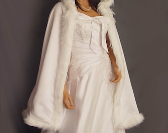 Fur trim satin cloak cape shawl cover wedding coat renaissance bridal mid length medieval wrap Available in white, ivory, black CLK202