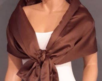 Satin pull thru wrap wedding shawl scarf cover up long bridesmaid shrug bridal evening prom stole SW101 AVL IN brown and 18 other colors