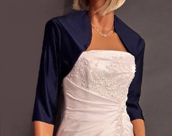 Satin bolero jacket wedding shrug 3/4 sleeve cover up evening jacket SBA101 AVL in navy blue and 5 other colors. Small through plus size!