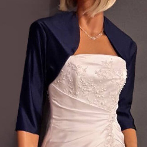 Satin Bolero Jacket Wedding Shrug 3/4 Sleeve Cover Up Evening Jacket SBA101 AVL in Navy Blue and 5 Other Colors. Small Through Plus Size!