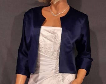 Satin bolero jacket with 3/4 sleeves hip length shrug evening coat cover up wrap SBA129 AVAILABLE in navy blue and 5 other colors