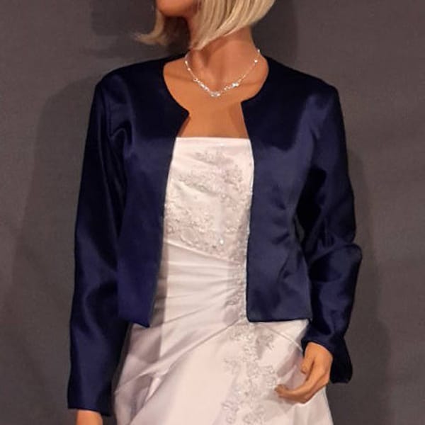 Satin bolero jacket with long sleeve hip length coat wrap cover up SBA130 AVAILABLE in navy blue and 5 other colors. small - plus size