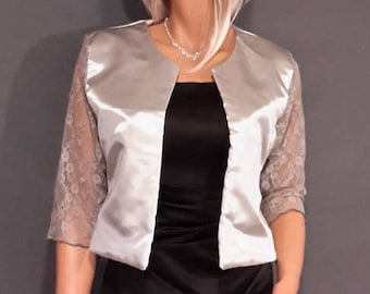 Hip length satin bolero jacket with 3/4 lace sleeves evening SBA133 AVAILABLE in silver gray size SMALL