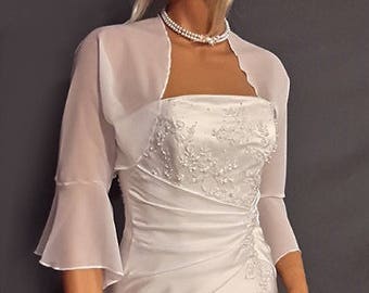 Chiffon bolero jacket 3/4 bell sleeve shrug wedding wrap bridal cover up CBA216 AVAILABLE IN white and 11 other colors. Small - Plus size!