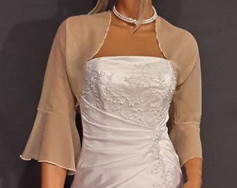 Chiffon bolero jacket 3/4 bell sleeve shrug wedding wrap bridal cover up CBA216 AVL IN champagne and 11 other colors. Small - Plus size!